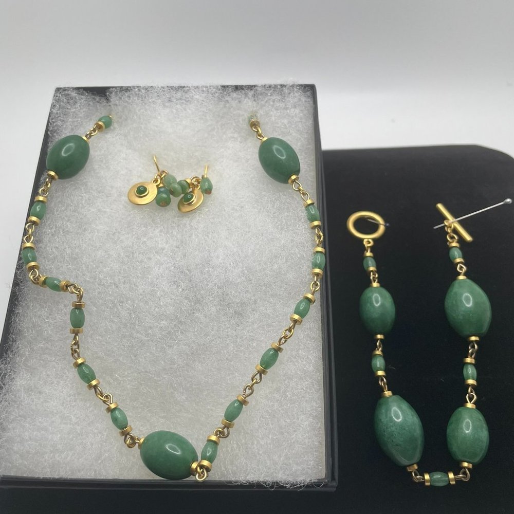 Ralph Lauren Gold and jade stone Set opera necklace, bracelets, and earrings NWT